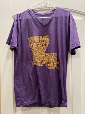 Purple V-Neck LSU Short Sleeve T-Shirt with Yellow Graphic Print